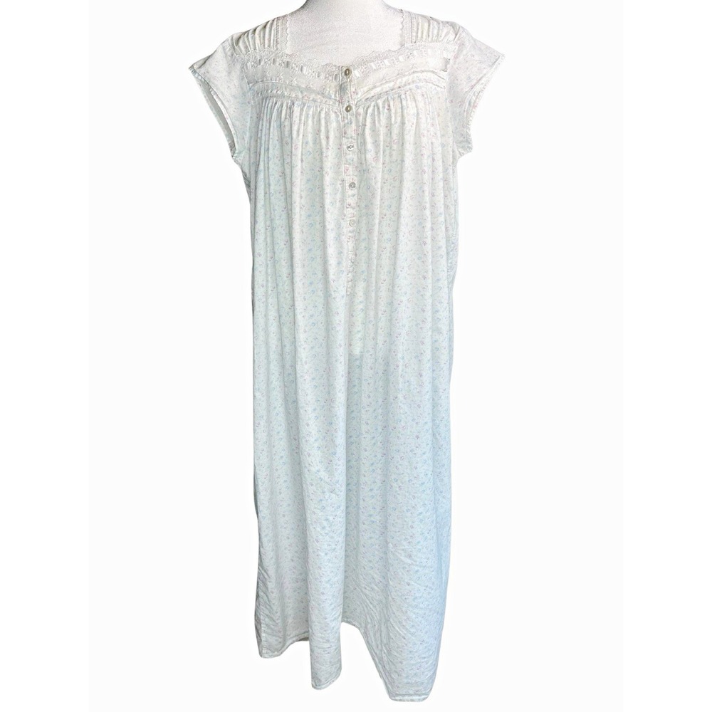 Vintage Eileen West White Floral Cotton Lace Cottagecore Long Nightgown Small